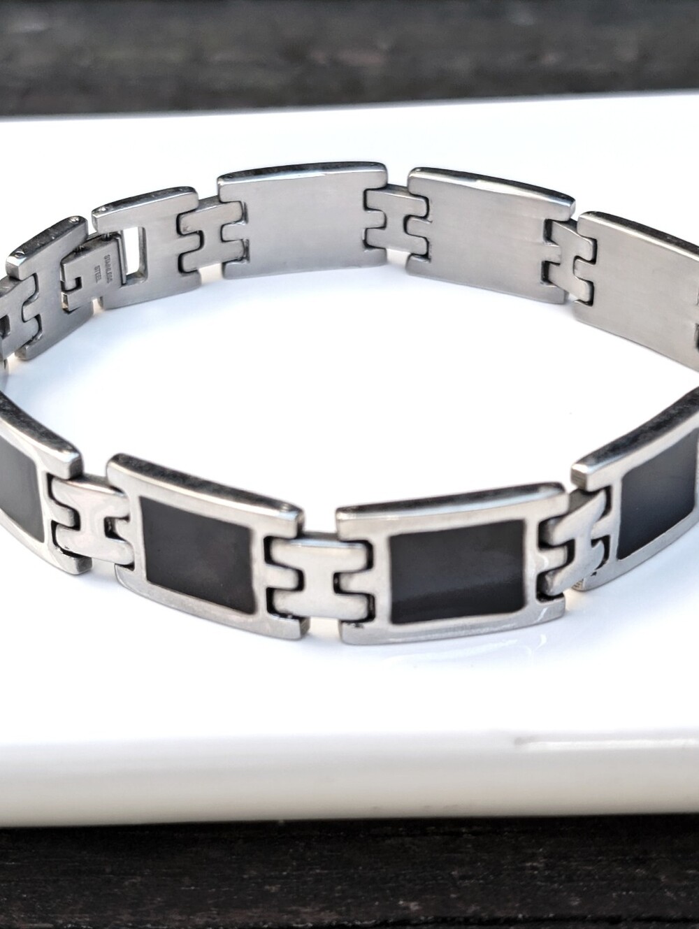 New Mens Onyx Black and Silver Stainless Heavy 9" Bracelet